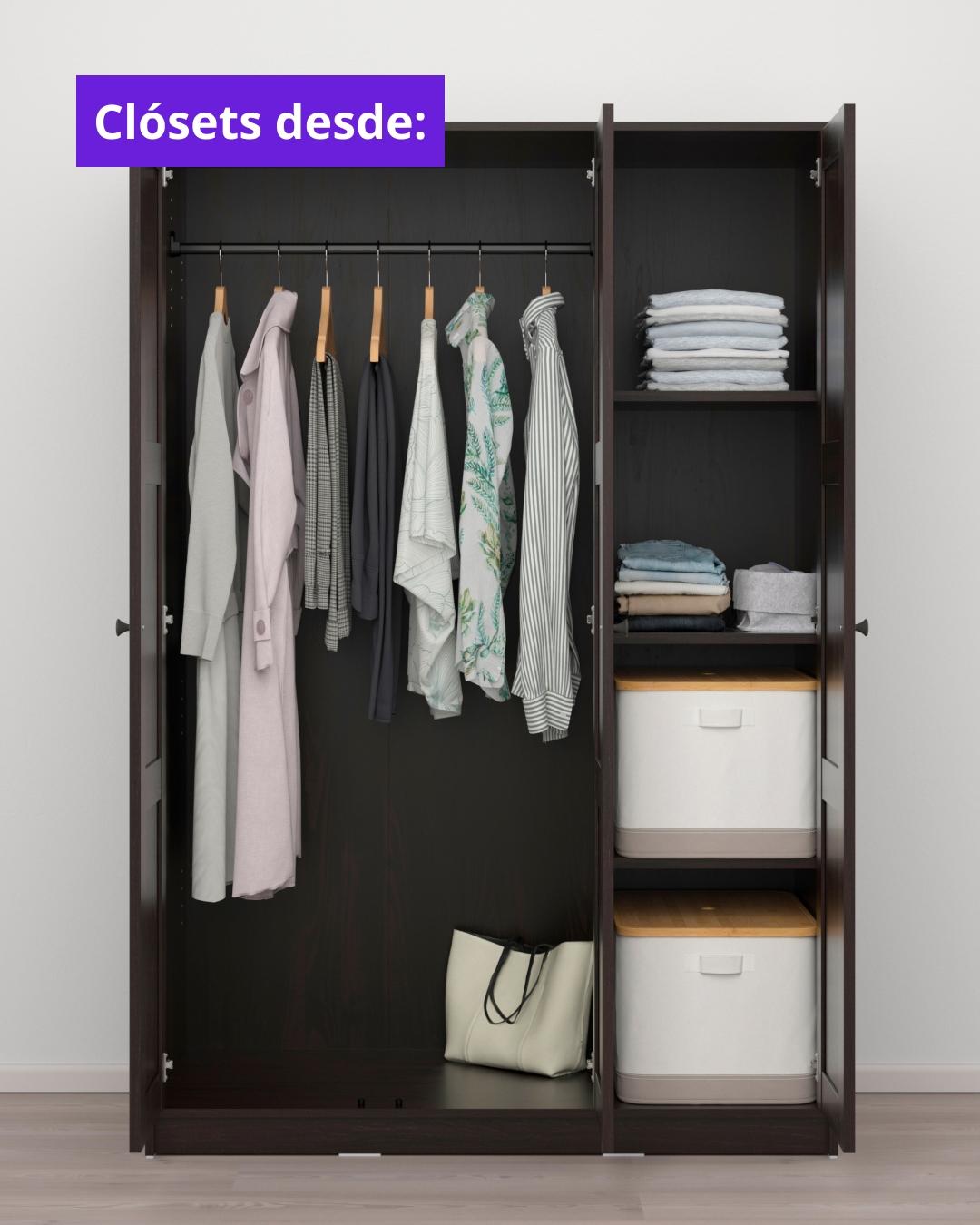 Clóset negro con puertas abiertas con llamado de clósets desde