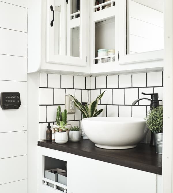 Coin salle de bain avec carreaux blancs et plantes.