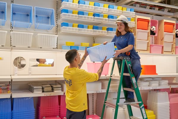 Colaboradores sobre una escalera con sus poleras azules y amarillas de IKEA.