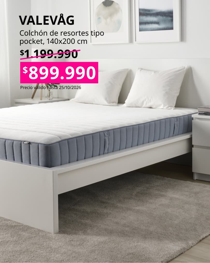 Colchón VALEVÅG 140x200 firme color azul claro, diseñado para brindar soporte y descanso confortable durante la noche.