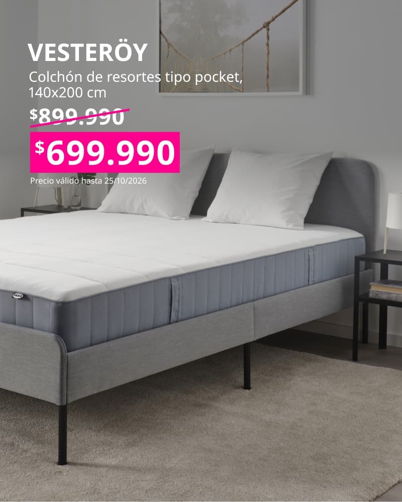Colchón VESTERÖY 140x200 firme color azul claro con resortes embolsados, pensado para un descanso cómodo y con soporte uniforme.