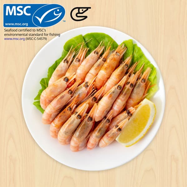 Cold water prawn, with shellfish food symbol and Seafood certified to MSC's (Marine Stewardship Council) environmental standard for fishing www.msc.org (MSC-C-54579) at top left corner of thumbnail