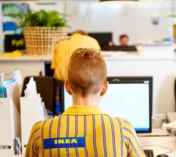 Collaborateurs magasin IKEA dans leur bureau, travaillant à des tâches administratives sur leur ordinateur.