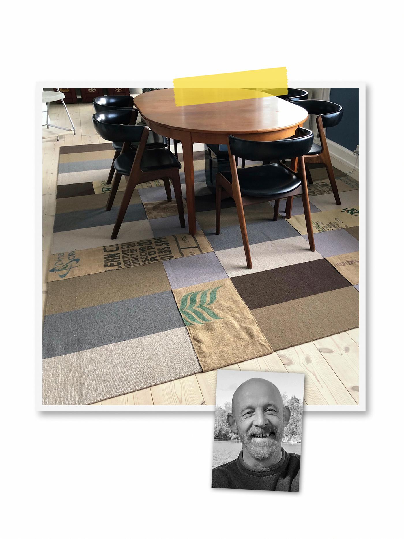 Collage di due immagini: tappeto STOCKHOLM a blocchi di colore, sui cui sono cucite delle applicazioni in tessuto ricavate da sacchi di caffè, e foto di un co-worker IKEA.