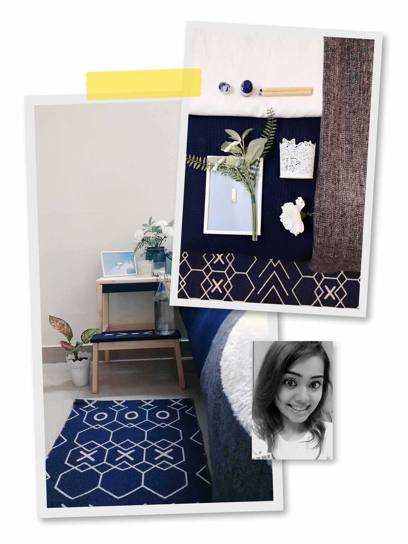 Collage fotografico: due immagini di una scaletta/sgabello BEKVÄM accanto a un letto, dipinta di blu per coordinarla con il resto della stanza, e ritratto di una co-worker IKEA.