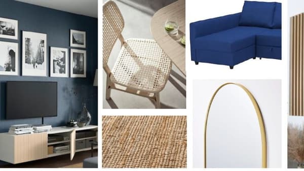 Collage montrant un meuble télé , une chaise en bois et rottin , un tapis , un canapé bleu et un miroir oval