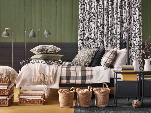 Collage of a black bed with check bedding, white throws and patterned cushions, black side tables, black and white pattern curtain behind in a room with green walls