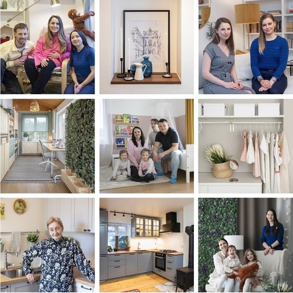 Collage of IKEA home makeover projects showing families, kitchens, and organized interiors.