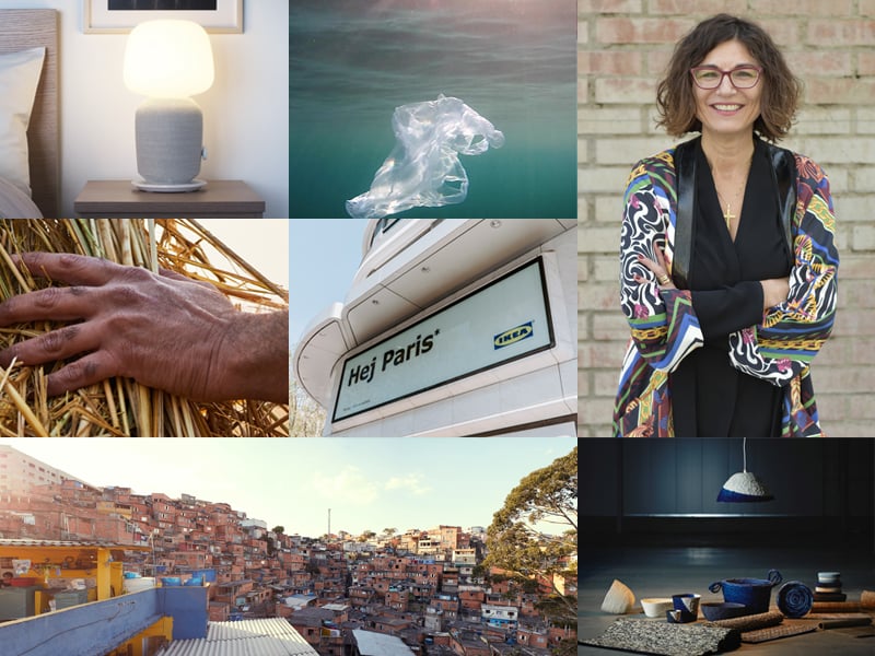 Collage of images- a table lamp, plastic in the ocean, a Woman standing with a smile, a hand holding hay.