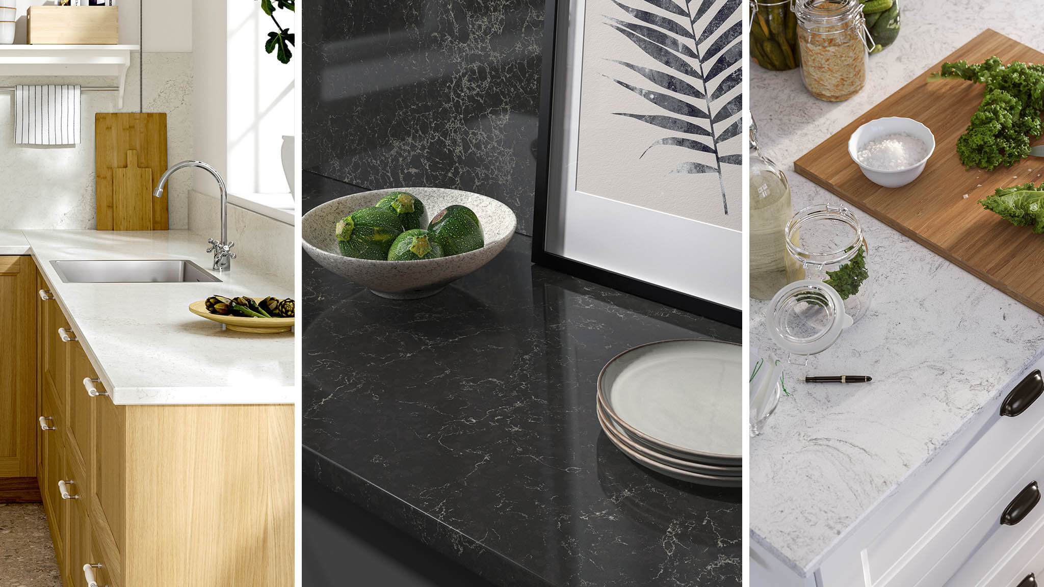 Collage of three kitchen countertops: light wood with white marble, dark granite, and white marble with food prep items.
