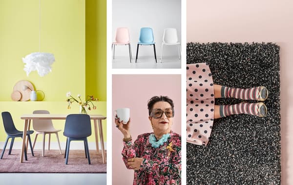 Collage photo présentant une salle à manger, des chaises, un tapis et une femme tenant une tasse. Le tout dans des tons pastel et vifs.