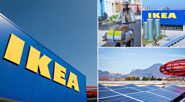 Collage showing IKEA buildings with the logo, a woman transporting IKEA products by bike, a rooftop with solar panels, and a scenic view of the IKEA store in Salzburg with mountains in the background