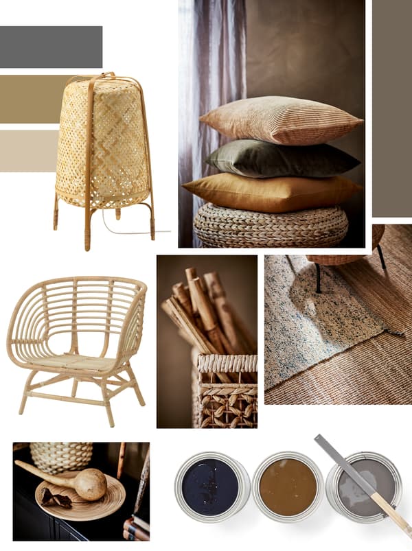 Collection d’objets style moodboard – lampe de table, fauteuil, coussins – confectionnés dans des matières naturelles ou aux tons assortis.