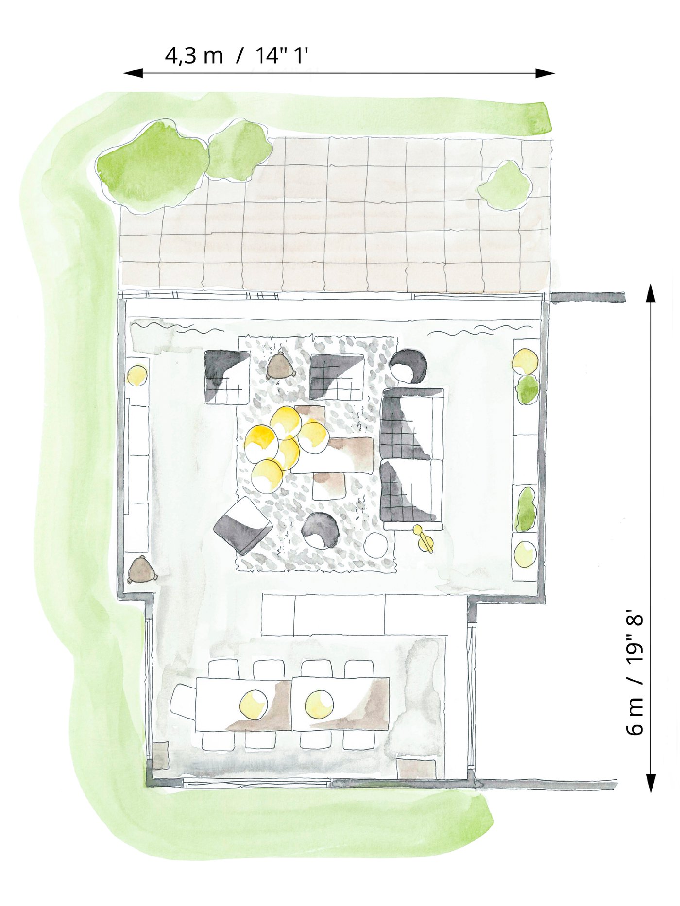Color floorplan sketch of a living room to show how the furniture is arranged for comfortable TV viewing.