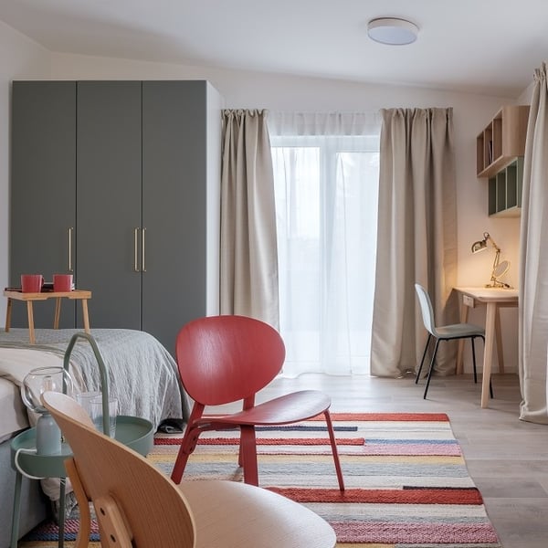 Colorful and modern bedroom with a Scandinavian design. The space features a striped multicolored rug, a red accent chair, a light wood desk with a reading lamp, and a muted green wardrobe with gold handles. Beige curtains and sheer white drapes frame a large window, letting in natural light. A small bed with neutral bedding is accompanied by playful side tables and stylish chairs in light wood and soft green tones. Wall-mounted shelves and a cozy desk nook complete the vibrant yet calming room.