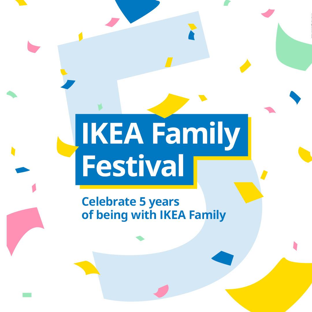 Colorful confetti surrounds bold text reading "IKEA Family Festival" on a large number 5. Subtext: "Celebrate 5 years of being with IKEA Family." Festive and cheerful.