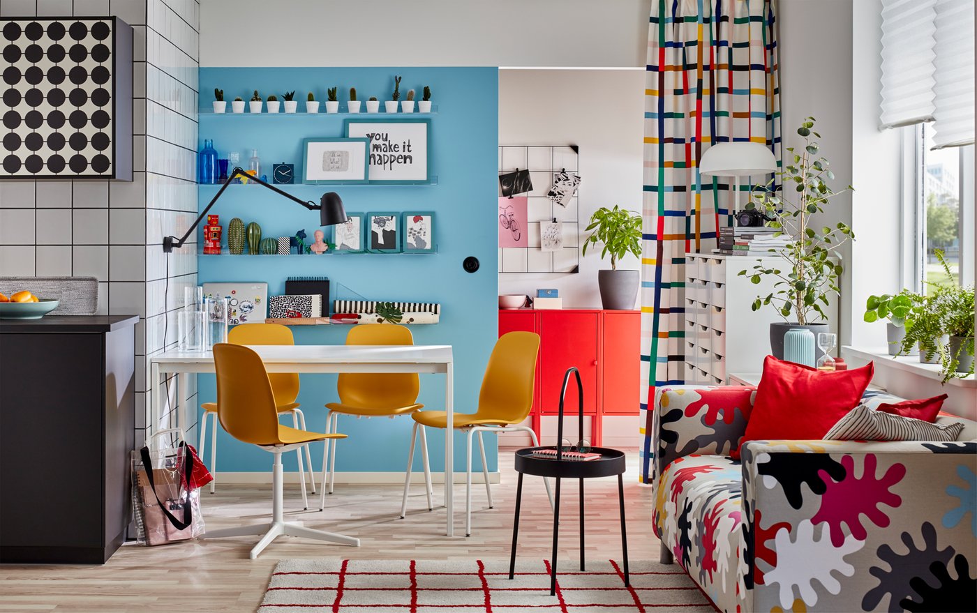 A dining room full of colors and patterns IKEA
