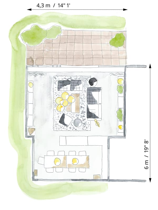 Colour floorplan sketch of a living room to show how the furniture is arranged for general, everyday use.