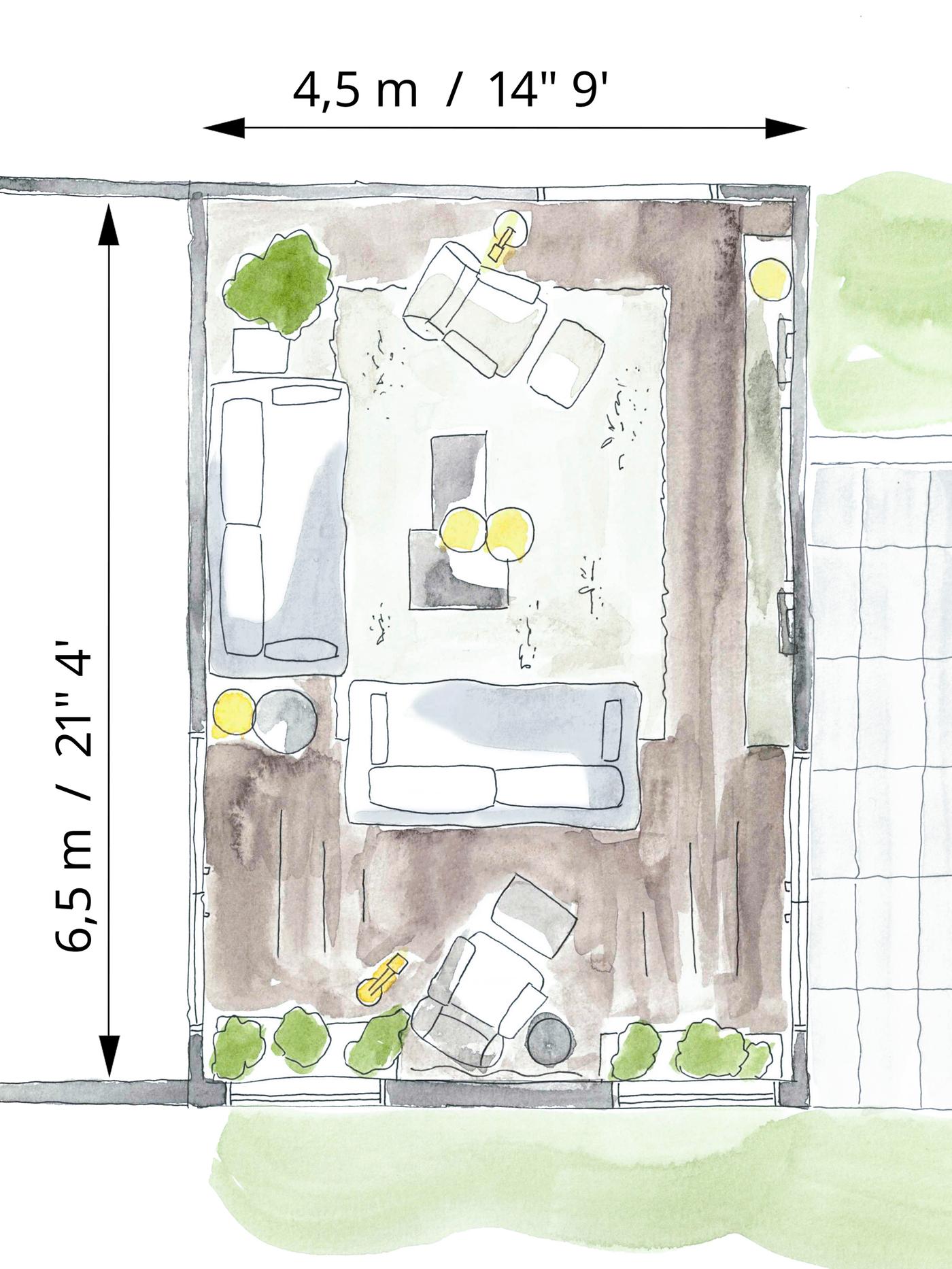Colour floorplan sketch of the sofa and armchair arrangement for watching TV comfortably with friends.
