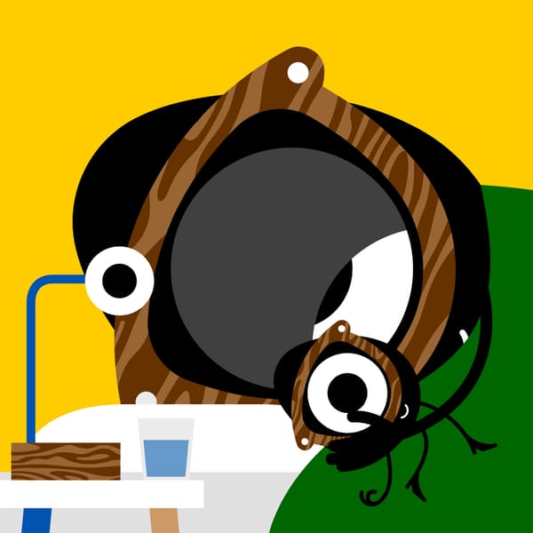 Colourful illustration of Darcel Disappoints hugging the FÖRNYAD soft toy, next to a stool and a work lamp.