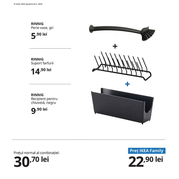 Combinație de accesorii RINNIG, pentru chiuvetă, formată dintr-o perie de vase gri, un scurgător de vase negru și un recipient de chiuvetă negru. Sub produse, este afișat prețul normal al combinației și prețul IKEA Family. 