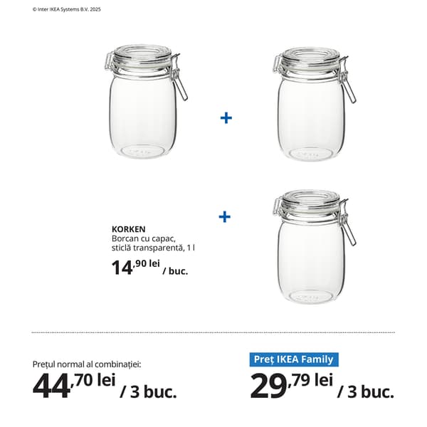 Combinație formată din trei borcane cu capac, din sticlă transparentă, KORKEN, prezentată ca o soluție practică de depozitare. Sub produse, este afișat prețul normal al combinației și prețul IKEA Family.