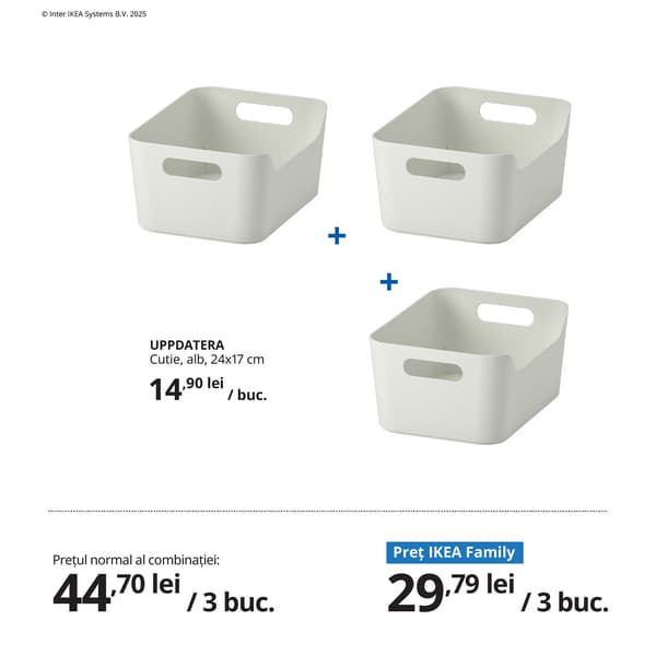 Combinație formată din trei cutii UPPDATERA albe, cu mânere, prezentată ca o soluție practică pentru organizarea articolelor de bucătărie. Sub produse, este afișat prețul normal al combinației și prețul IKEA Family. 