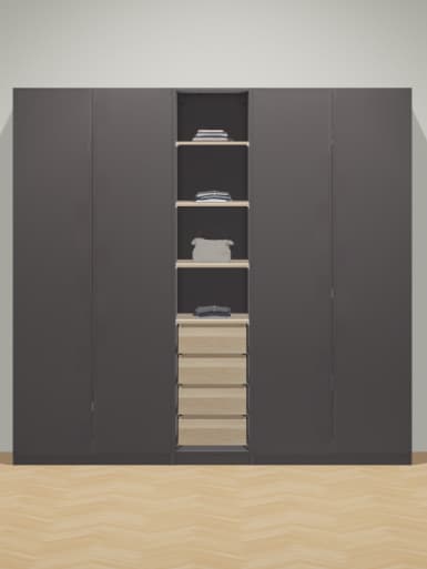 combinazione di armadio PAX grigio con ante a battente e alcuni accessori rovere