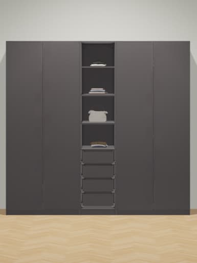 combinazione di armadio PAX grigio con ante a battente e alcuni accessori grigi