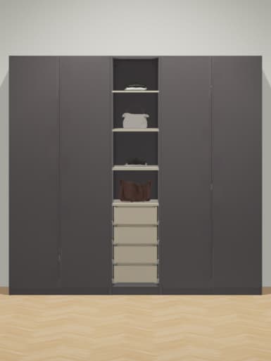 combinazione di armadio PAX grigio con ante a battente grigio e alcuni accessori rovere