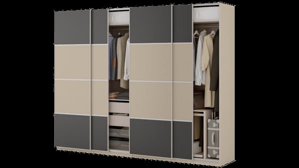 Combinazione di guardaroba PAX/MEHAMN grigio-beige con ante scorrevoli grigio scuro/grigio-beige.