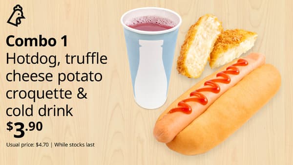 Combo 1 - Hotdog, truffle cheese potato croquette & cold drink for the price of $3.90