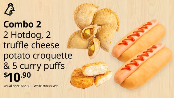 Combo 2 - 2 Hotdog, 2 truffle cheese potato croquette & 5 curry puffs for the price of $10.90