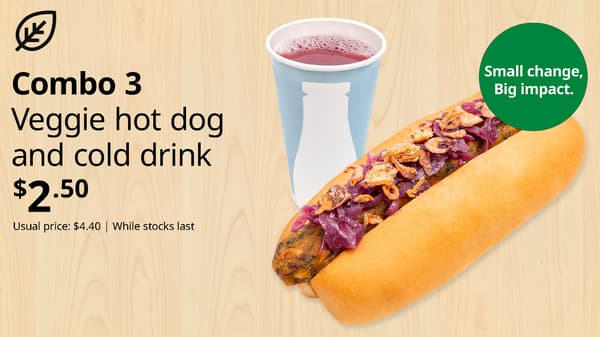 Combo 3: Veggie hot dog and cold drink. Plant food symbol at top left corner of thumbnail and sustainability message 