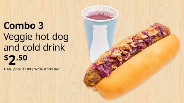 Combo 3: Veggie hot dog and cold drink. Plant food symbol at the top left corner of the thumbnail and the sustainability message 