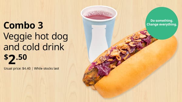 Combo 3: Veggie hot dog and cold drink. Plant food symbol at top left corner of thumbnail and sustainability message 