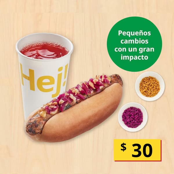 Combo hot dog vegetariano + soda
Servido con cebolla crujiente y col morada.
Incluye refresco de refill.*
$30