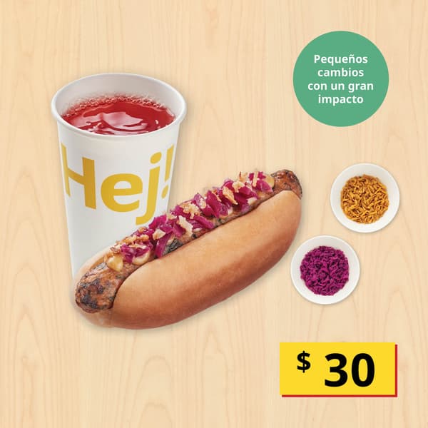 Combo hot dog vegetariano + soda
Servido con cebolla crujiente y col morada.
Incluye refresco de refill.*