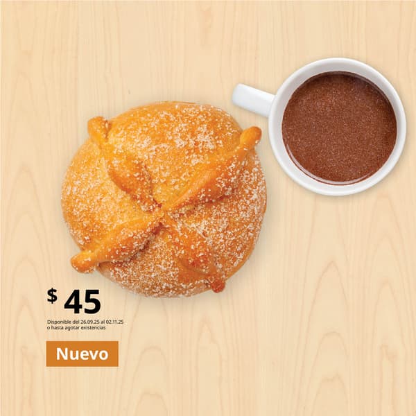 Combo pan de muerto y chocolate por $45, disponible del 26 de septiembre al 2 de noviembre 2025