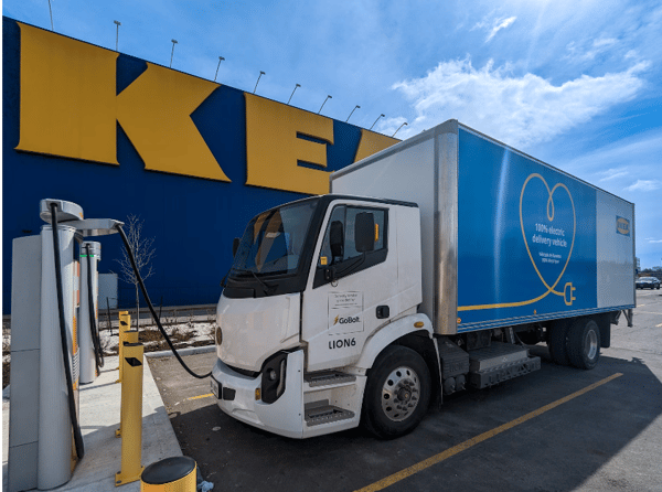 Commercial EV truck charging outside of IKEA store