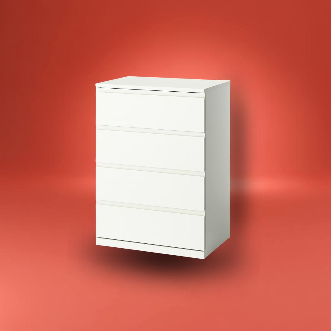 Commode 4 tiroirs, blanc STORKLINTA sur fond rouge