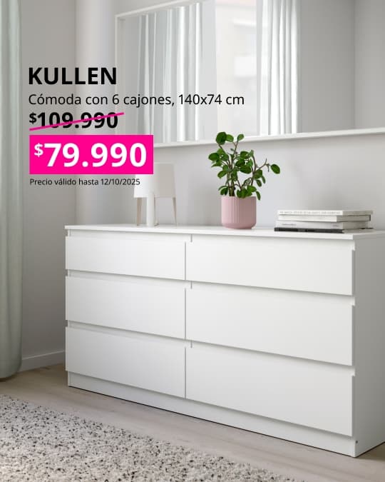 Cómoda blanca KULLEN 6 cajones con precio en cuadrado fucsia
