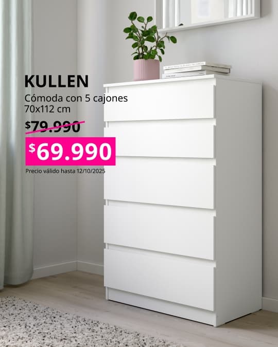 Cómoda blanca KULLEN alta con precio en cuadrado fucsia