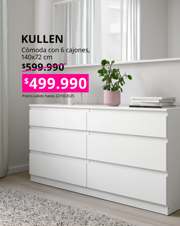 Cómoda blanca KULLEN de seis cajones junto a alfombra beige.