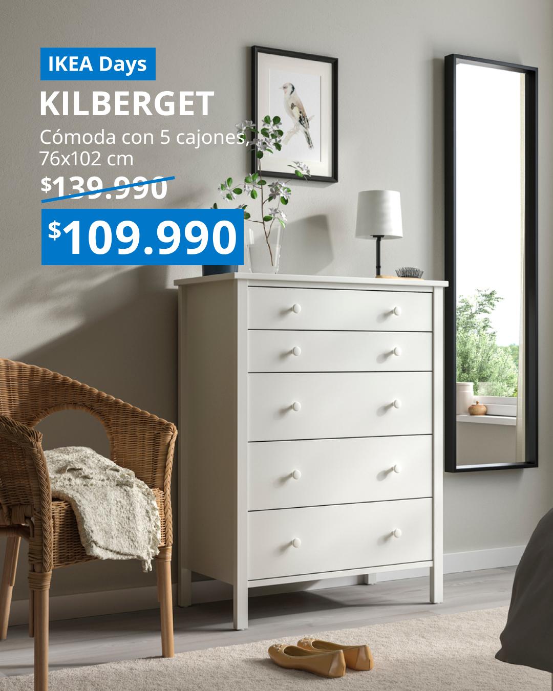 Cómoda KILBERGET blanca con 5 cajones, de 76x102 cm, para organizar ropa y accesorios en el dormitorio.