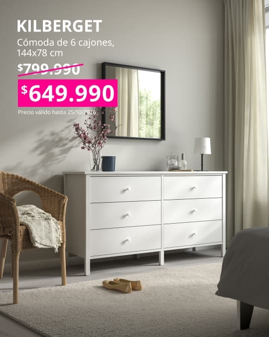 Cómoda KILBERGET blanca con seis cajones y formato espacioso para guardar ropa y objetos personales.