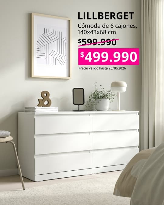 Cómoda LILLBERGET blanca con seis cajones y diseño amplio para organizar ropa y textiles en el dormitorio.