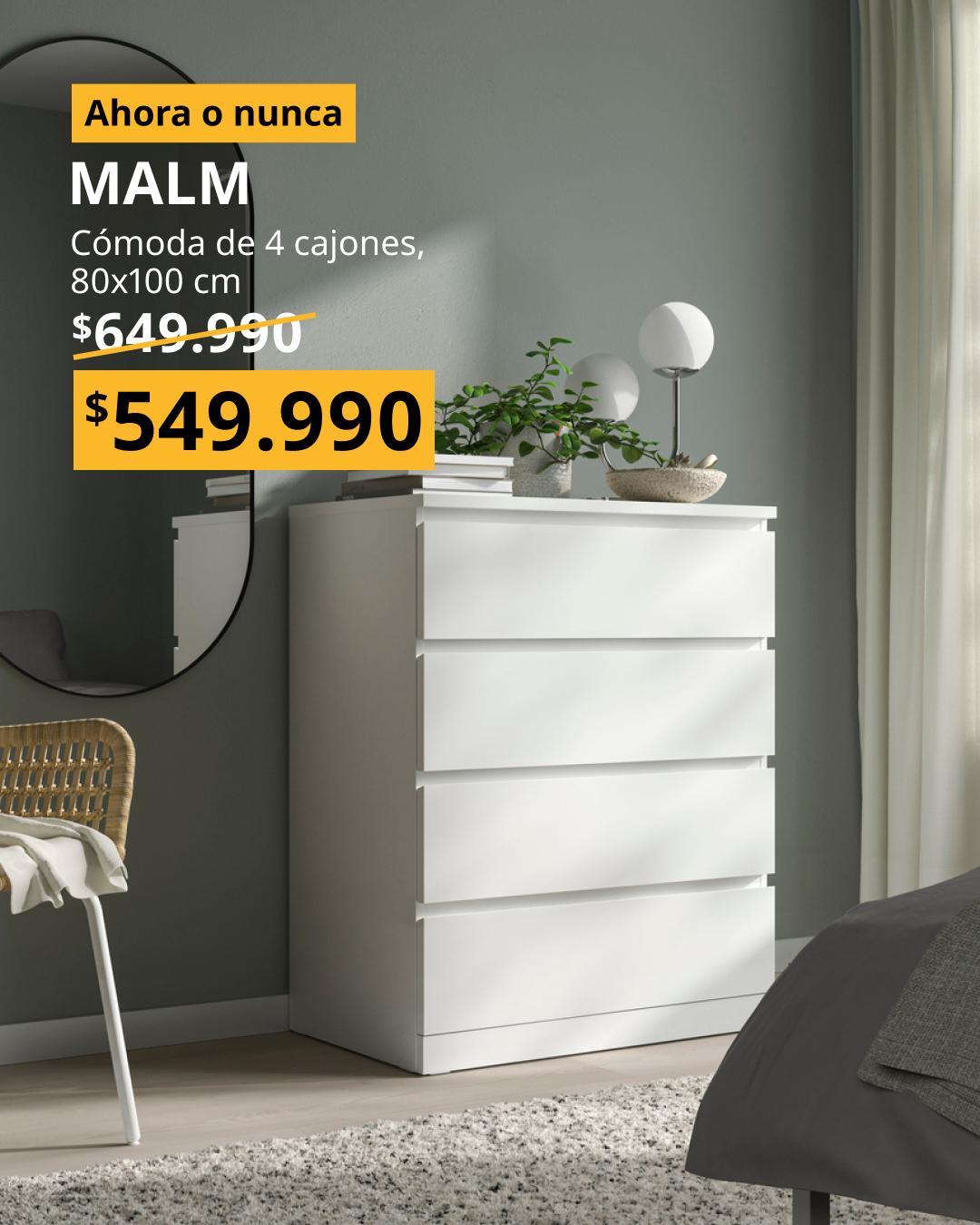 Cómoda MALM blanca con cuatro cajones espaciosos, diseño moderno y líneas limpias.