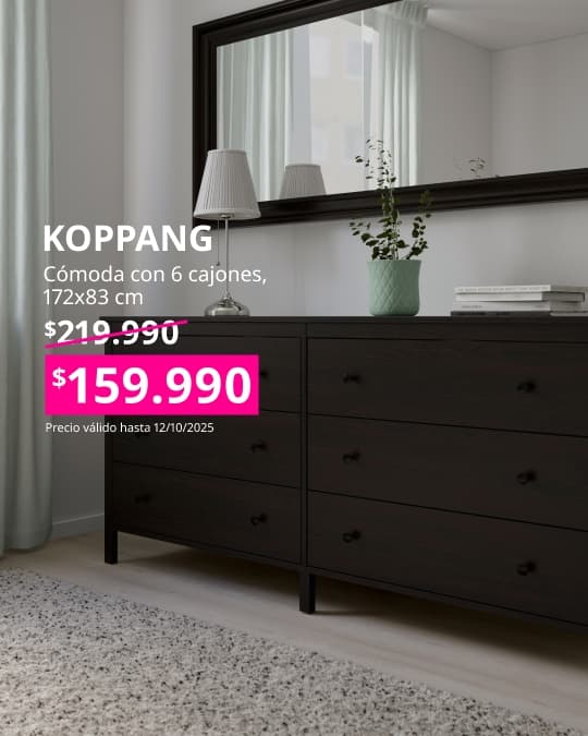 Cómoda negra KOPPANG 6 cajones con precio en cuadrado fucsia