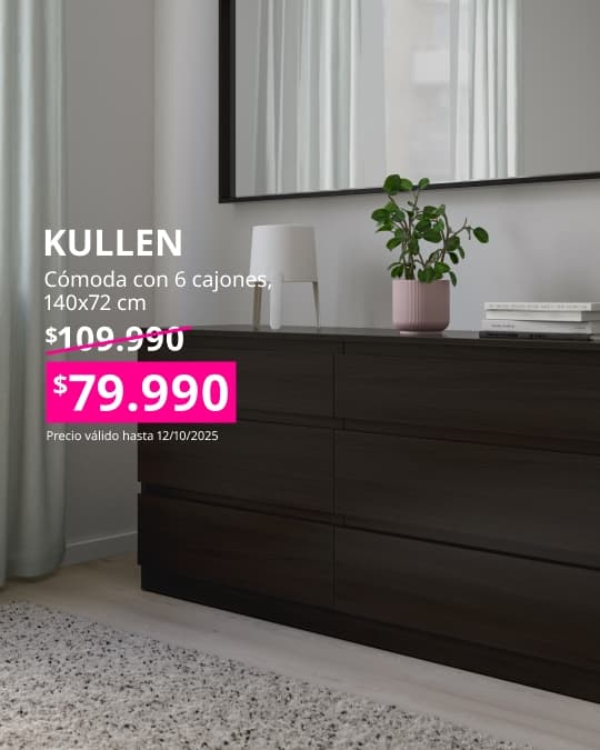 Cómoda negra KULLEN con precio en cuadrado fucsia